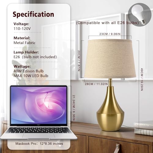 Gold Bedside Table Lamp, 19.3" Modern Table Lamp for Bedroom Nightstand, Cute Table Lamps for Living Room, Office Desk, End of Table