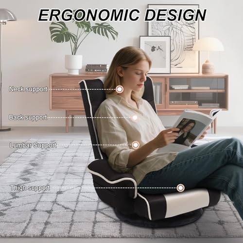 Ergonomic Gaming Chair, 6-Position Reclining Sofa Bed with Lumbar Support, Foldable Floor Lounger with Thick Cushion, Armrests & Side Pockets for Reading, Brown/Beige