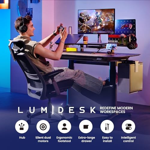 COLAMY Electric Standing Desk 55x28 Inch, Wobble-Free Dual Motor Sit Stand Up Home Office Computer Desk, Motorized Workstation Gamer Studio Table with Drawers, Outlets & Footrest,Black Oak