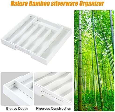 Bellsal White Silverware Organizer Kitchen Drawer Organizer Expandable Bamboo Utensil Holder Cutlery Tray for Kitchen Utensil and Flatware Bedroom Office