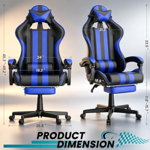 Ferghana Navy Gaming Chair, Ergonomic Racing Style Computer Chair with Footrest, Adjustable Reclining, Lumbar and Head Support, PU Leather Gamer Chair