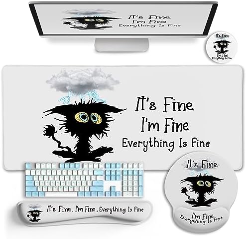 LIMKRIAN Large Gaming Mouse Pad Desk Mat Set, Funny Black Cat Desk Decor