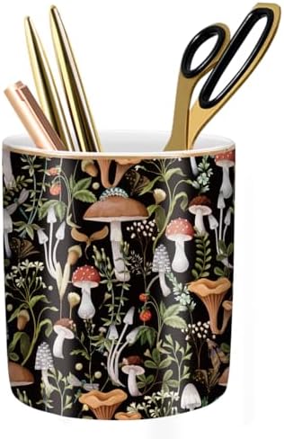 Pen Pencil Holder for Desk, Ceramic Pen Cup Cute Makeup Brush Holder, Unique Desk Multifunctional Pens Organizer for Home, Office, Mushrooms Pattern