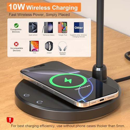 LED Desk Lamp for Home Office with Wireless Charger, Black