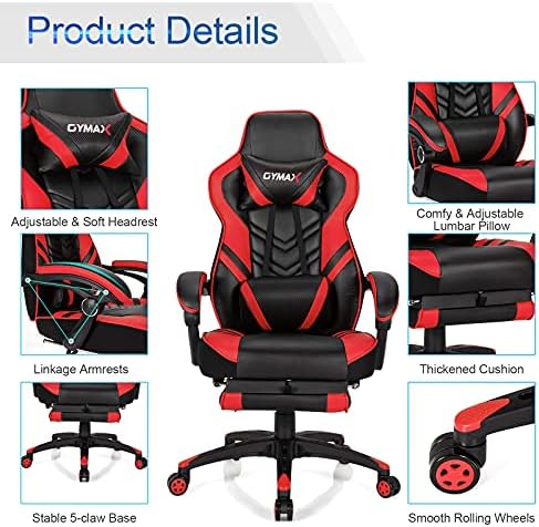 GYMAX Gaming Chair, Ergonomic Computer Chair with Footrest, Linkage Armrests & Lumbar Cushion, Big Wide High Back Video Gaming Chair, Reclining Office Rolling Chair for Adult/Teens (Red)
