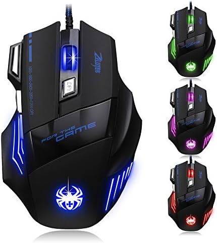 zelotes Ergonomic Gaming Mouse with Rapid Fire Button, 7200 DPI(5-Level Adjustable), 7 Buttons,LED Lighting, USB Wired Optical Mouse for Office/Gaming, Compatible with Laptop/PC (Black)
