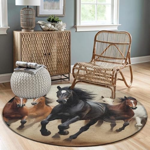 Fashion Round Area Rug Large Non Slip Carpet Unisex Home Decor Mat Running Horses Animal Theme Horse