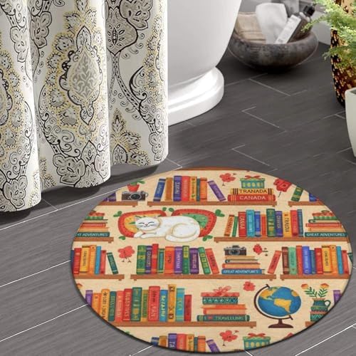 Large Home Decor Mat, Soft Round Yoga Carpet, Non-Slip Machine Washable Home Office Circle Rug Compatible with Sleeping Cat Library Bookshelf