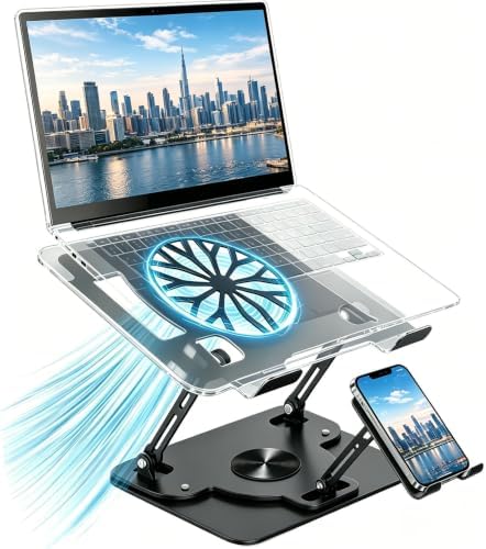 Laptop Stand for Desk with Quiet Cooling Fans - 360 Rotating Base Ergonomic Computer Stand, Aluminum Laptop Riser Foldable Protable for Office Home fits MacBook Air Pro, Dell, HP (10-17.3'') (black)