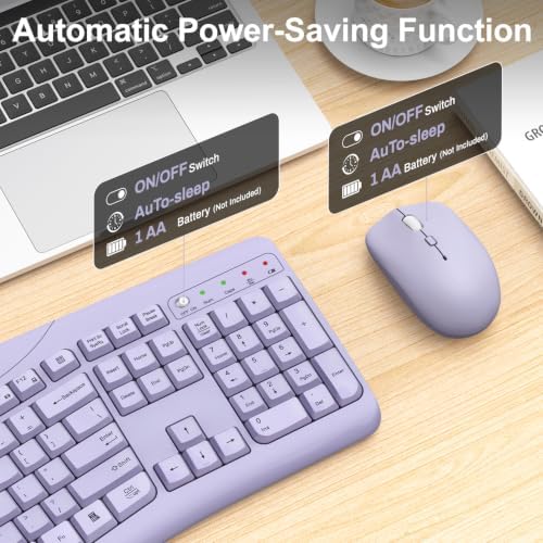 Wireless Keyboard and Mouse Combo, Quiet Ergonomic Curved Keys(Purple-A)
