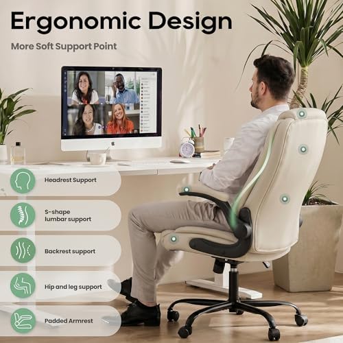 MALOL Leather Office Chair with Adjustable Lumbar Support Set of 2, Beige
