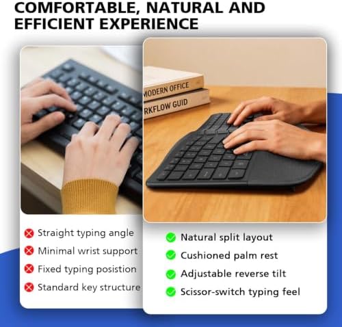 Micropack Split Ergonomic Keyboard Wireless, Multi Device Bluetooth & USB Receiver Connectivity, Rechargeable USB-C Silent Scissor Keys with Palm Support, Compatible with Mac PC Laptop Home Office