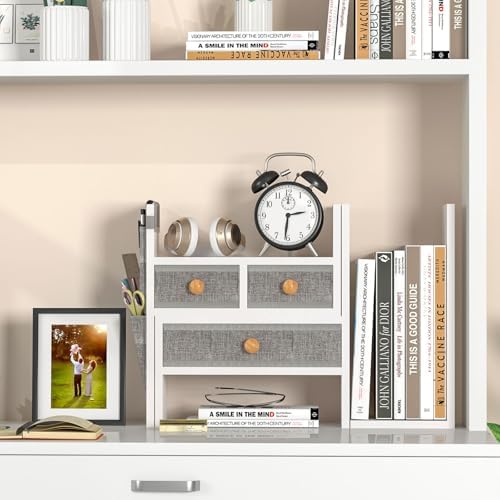 X-cosrack Adjustable Desk Shelves for Storage, Desktop Bookshelf with 3 Drawers, White Wood Desk Shelf for Top of Desk, Corner Desktop Organizer for Women Office