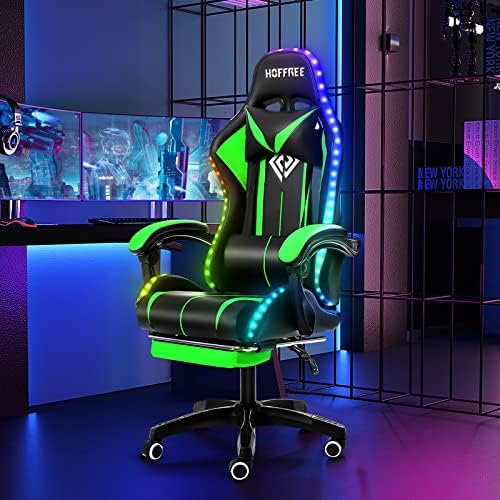 RGB Gaming Chair with LED Lights Massage Ergonomic Computer Chairs-Green