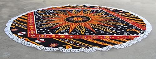 Round Beach Tapestry Turquoise Mandala Throw/Boho Hippie Beach Blanket Roundie/Indian Cotton Bohemian Large Round Table Cloth-Home Decor/Yoga Mat Meditation Picnic Rug (42", Yellow)