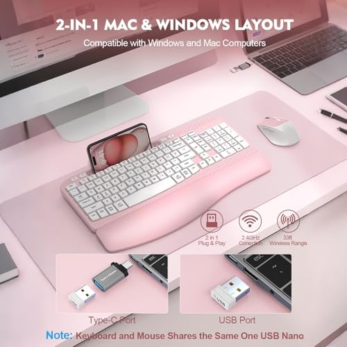 Wireless Keyboard and Mouse Combo, Full-Sized Ergonomic Wave Keys Keyboard with Memory Foam Wrist Rest & Phone Holder, 2.4G Quiet Keyboard Mouse Work Setup for PC Laptop, Office or Home (Pink)