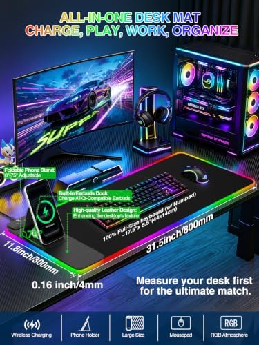 RGB Mouse Pad with Foldable Phone Stand & Wireless Charger, 31.5"x11.8" XL Gaming Mousepad Large Desk Mat, Desk Pad with Dual Charging for Phone & AirPods | 11 Colors & 5 Modes | Waterproof