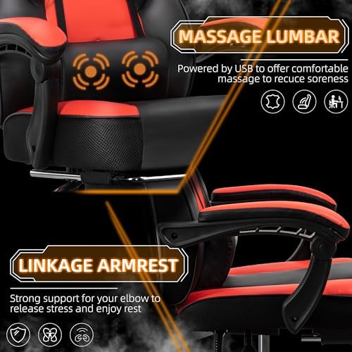 Gaming Chair with Footrest, Massage Lumbar Support, Height Adjustment, and 360° Swivel Seat, Ergonomic Design for Gaming
