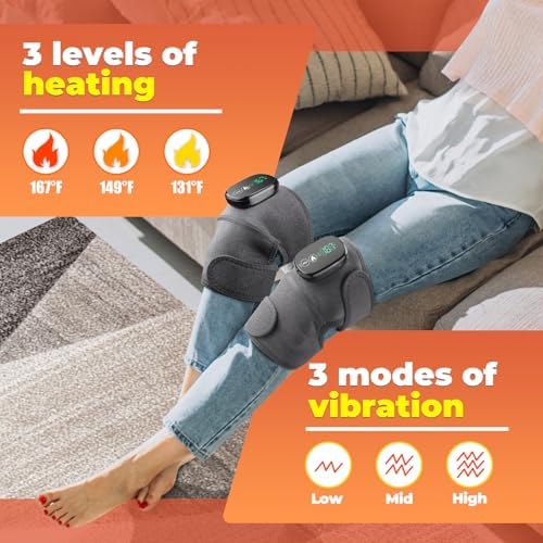 Cordless Knee Massager with Heat, 3-in-1 Heated Knee Massager for Knee Elbow Shoulder Wrap with 3 Vibration & Heating Modes (2 PACK)