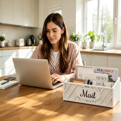 Mail Organizer Countertop with 2 Slots, Farmhouse Mail Holder for Desk with Removable Divider, Wooden Desk Organizer for Letters Bills Envelopes Storage, Mail Sorter for Home Office Countertop, White