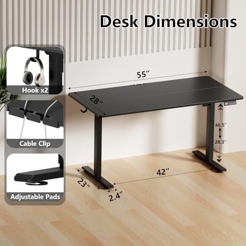 Electric Standing Desk, Computer Game Desk Adjustable Height Desk with 3 Memory Height, 55" Stand Up Desk with Two Desktops for Home Office, Study and Gaming