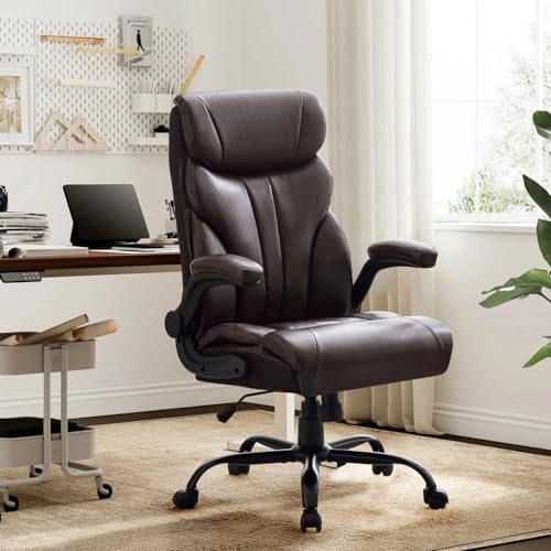 Big and Tall Office Chairs with Adjustable Flip-up Armrests,500LBS Wide Ergonomic Gaming Chair,100-118°Recline Executive Leather Computer Chairs with Adjustable Height,Coffee