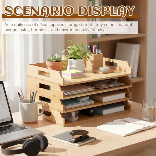 AceOrbit 4 Pcs Stackable Paper Tray Bamboo Wood Desk Organizer Letter Tray