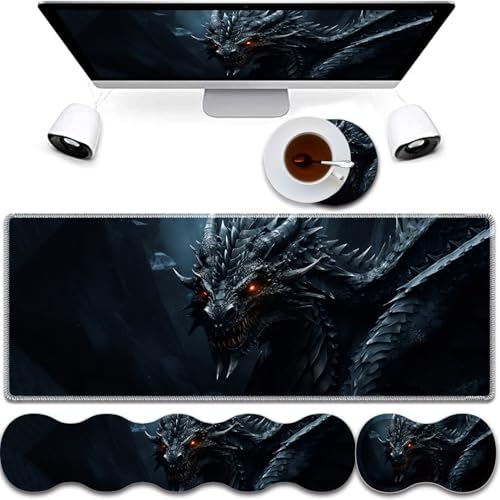 4 in 1 Mouse Pad Combo, Large Gaming Mouse Pad + Keyboard Wrist Support + Mouse Wrist Rest + Coaster, Table Pad 31.5 "x 11.8" with Memory Foam Ergonomic Wrist Pad Set, Cool Dark Dragon