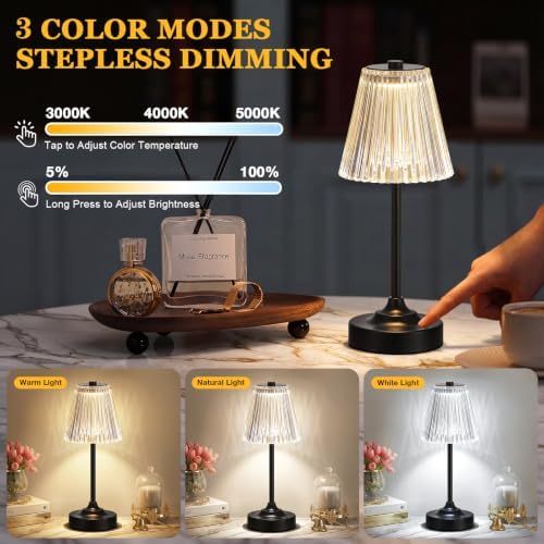 Black Cordless Rechargeable Table Lamp, Touch Battery Powered Lamp, 3 Color Modes, Crystal Acrylic Lampshade, Portable Ambient Night Light for Desk, Bedroom, Living Room, Dining Room, Kitchen, Bar