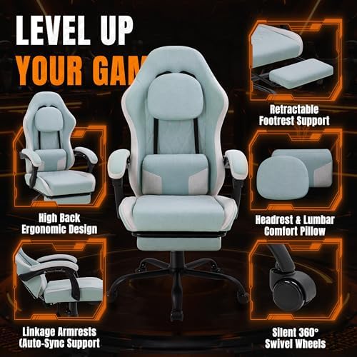 Video Gaming Chair, Ergonomic Office Chair with Footrest, Lumbar Support and Linkage Armrests, Swive Home Video Game Chairs for Adults, Blue