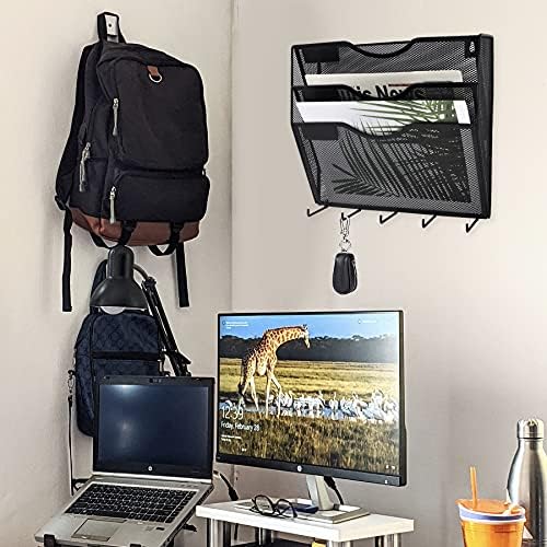 EASEPRES 3 Pocket Mesh Hanging File Organizer with Key Holder Hooks & Nametag Label, Wall Mounted Mail Paper Document Folder Clipboard Storage Organization Magazine Rack for Office Cubicle, Black