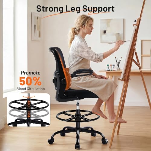 AreShark Drafting Chair - Ergonomic Tall Office Chair with Lumbar Support and Flip-up Armrests - High Standing Desk Chair Breathable Mesh with Adjustable Footrest Ring and Height for Home Office