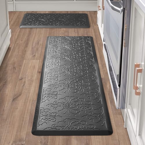 Chef Gear - Anti-Fatigue Wellness Kitchen Mat - Marni Design - Cushioned Comfort Chef Mat - Faux Leather - Cooking & Standing Relief -Skid-Resistant - Set of 2-17.5"x 60"/ 17.5"x28"- Black