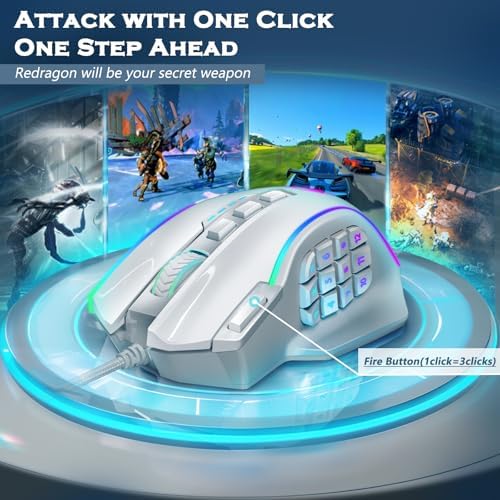 Redragon Gaming Mouse, MMO Gaming Mouse UP 12400 DPI, 19 Macro Programmable Buttons, RGB Mouse with 12 Side Buttons, 8 * 2.4g Weight Tuning for PC Laptop MOBA FPS, White