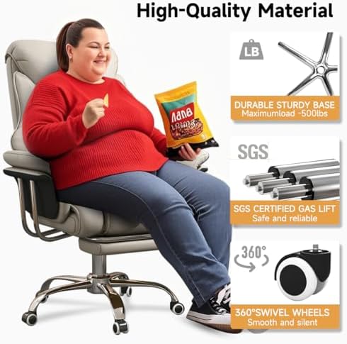 Big and Tall Office Chair 550 lbs Extra Wide Leather Executive Chair with Retractable Footrest, Heavy-Duty Ergonomic Chair, Adjustable Height Computer Gaming Chairs
