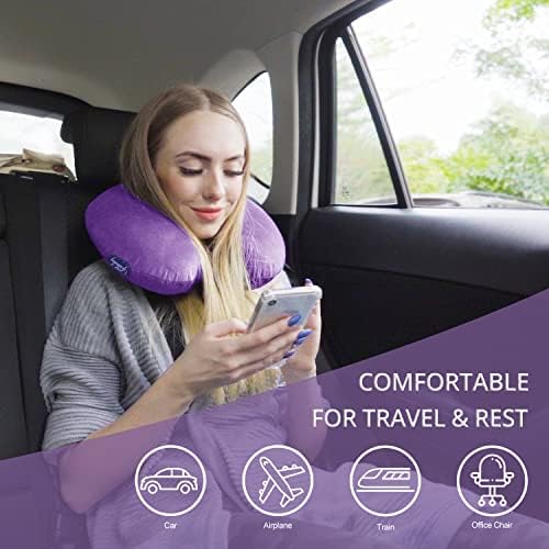Neck Pillow for Travel Memory Foam - Airplane Pillows for Sleeping with Attachable Snap Strap Soft Washable Cover, Flight Pillow for Traveling, Car, Home, Provide Head Neck Support Rest Purple
