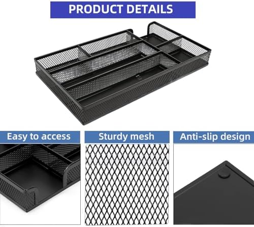 2 Pack Desk Drawer Organizer, Small Metal Mesh Desk Organizer Tray, Pen Pencil Drawer Organizer for Office Supplies, Desktop, Makeup, Vanity
