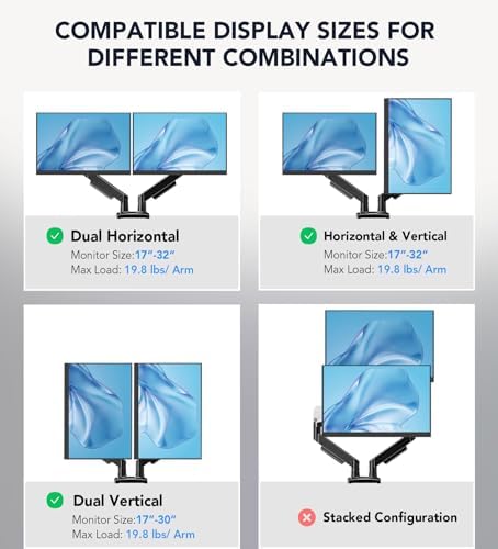Dual Monitor Stand, Adjustable Monitor Desk Mount for 17″–32″ Computer Screens, Full Motion VESA 75x75/100x100 with C-Clamp & Grommet Aluminum Base, Each Arm Holds 4.4 to 20 lbs AX09DB201
