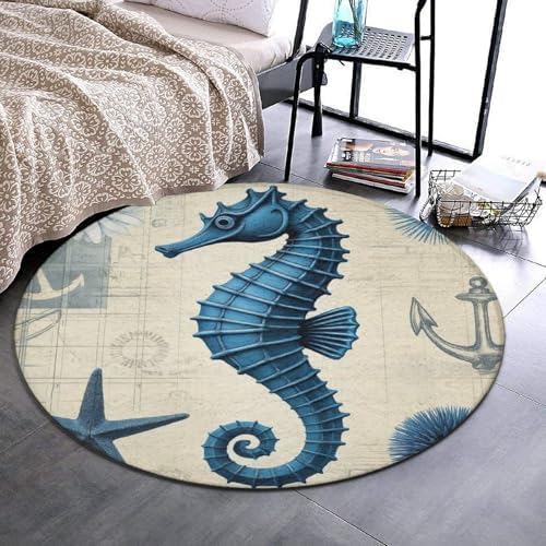 Women's Large Home Decor Mat, Soft Round Yoga Carpet, Non Slip Machine Washable Home Office Circle Rug Sea Horse