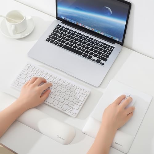 UnivoColors Design-Wave Set of Keyboad Wrist Rest & Mouce Pad,Artificial Sheepskin+Memory Foam+Ergonomic+Anti-Slip Gel, Resilience Support During Work and Gaming,Keyboard Accessory,White