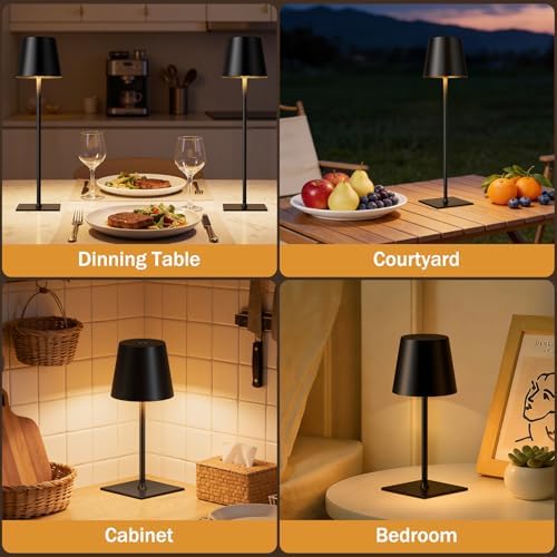 Kakanuo Black Cordless Rechargeable Table Lamp, 2 Pack Portable Desk Lamp with 5000mAh Battery, Touch Control Stepless Dimming, Wireless Night Light for Dining, Outdoor Camping, Coffee Shop