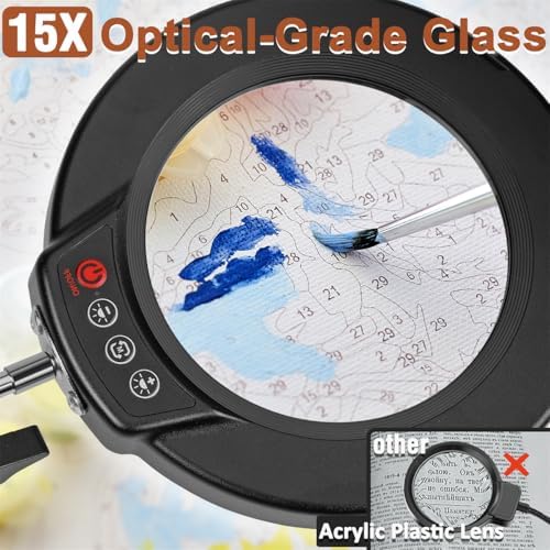 LANCOSC 15X Magnifying Glass with Light and Stand, Real Glass Lens, 5 Color Modes Dimmable, 3-in-1 Adjustable Swing Floor Lamp, LED Lighted Hands Free Magnifier & Clamp for Reading, Crafts, Painting