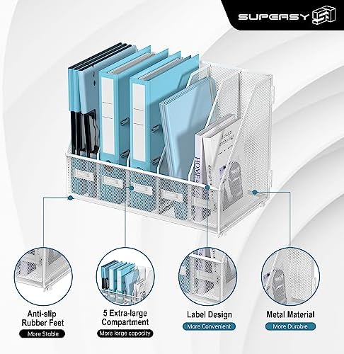 SUPEASY Desk Organizers Metal Desk Magazine File Holder with 5 Vertical Compartments Rack File Organizer for Office Desktop, Classroom, Home Workspace, White Plus