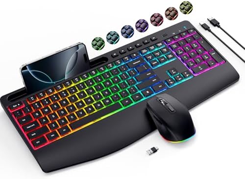 Wireless Keyboard and Mouse Combo- VEILZOR 2.4G Rechargeable Keyboard with Phone Holder, Ergonomic Wrist Rest, 9 RGB Backlit Effects, Silent Keyboard Mouse Set for Windows, Laptop, PC