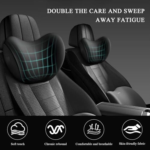 2 PCS Car Headrest Cushion, Ergonomic Memory Foam Car Neck Back Support w/Removable Cover, Universal Breathable Lumbar Cushion Headrest Pillow with Adjusatble Strap (Black)