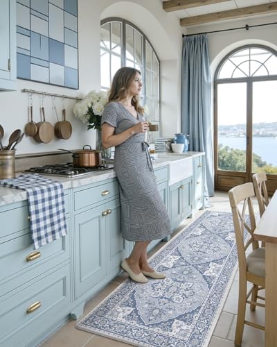 DEXI Kitchen Floor Mats Cushioned Anti Fatigue Runner Rug 24x59 Light Blue