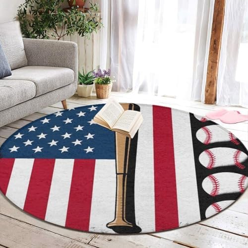 Large Machine Washable Circular Rugs, Home Decor Round Mat for Living Room Sofa Office Red Line Baseball American Flag