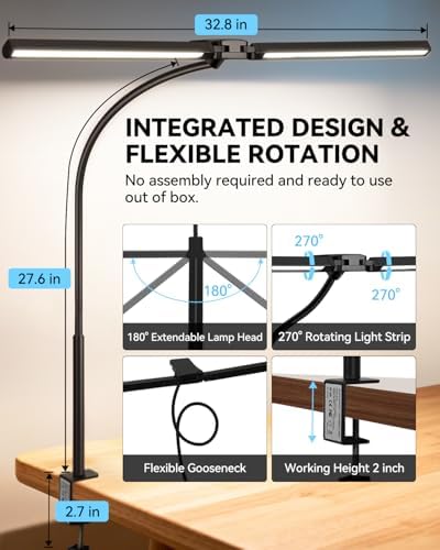 LED Desk Lamp for Home Office, Stepless Dimming Architect Lamp with Clamp