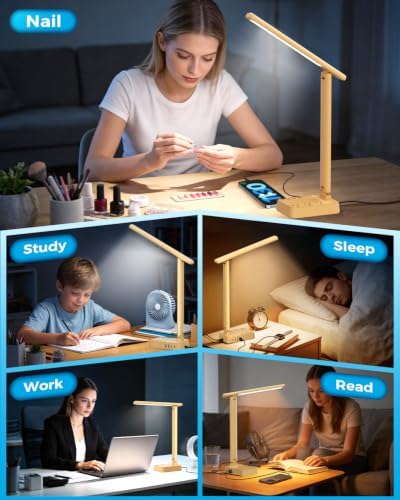 LED Desk Lamp with Power Strip, 3 AC Outlets, 4 USB Ports, Stepless Dimming