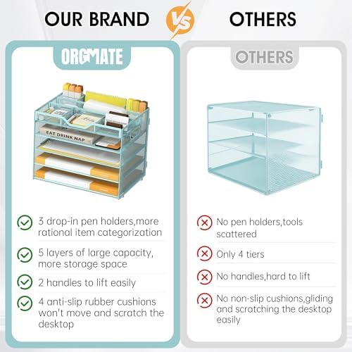 5 Tier Paper Letter Tray Desk Organizer with Pen Holders - Blue
